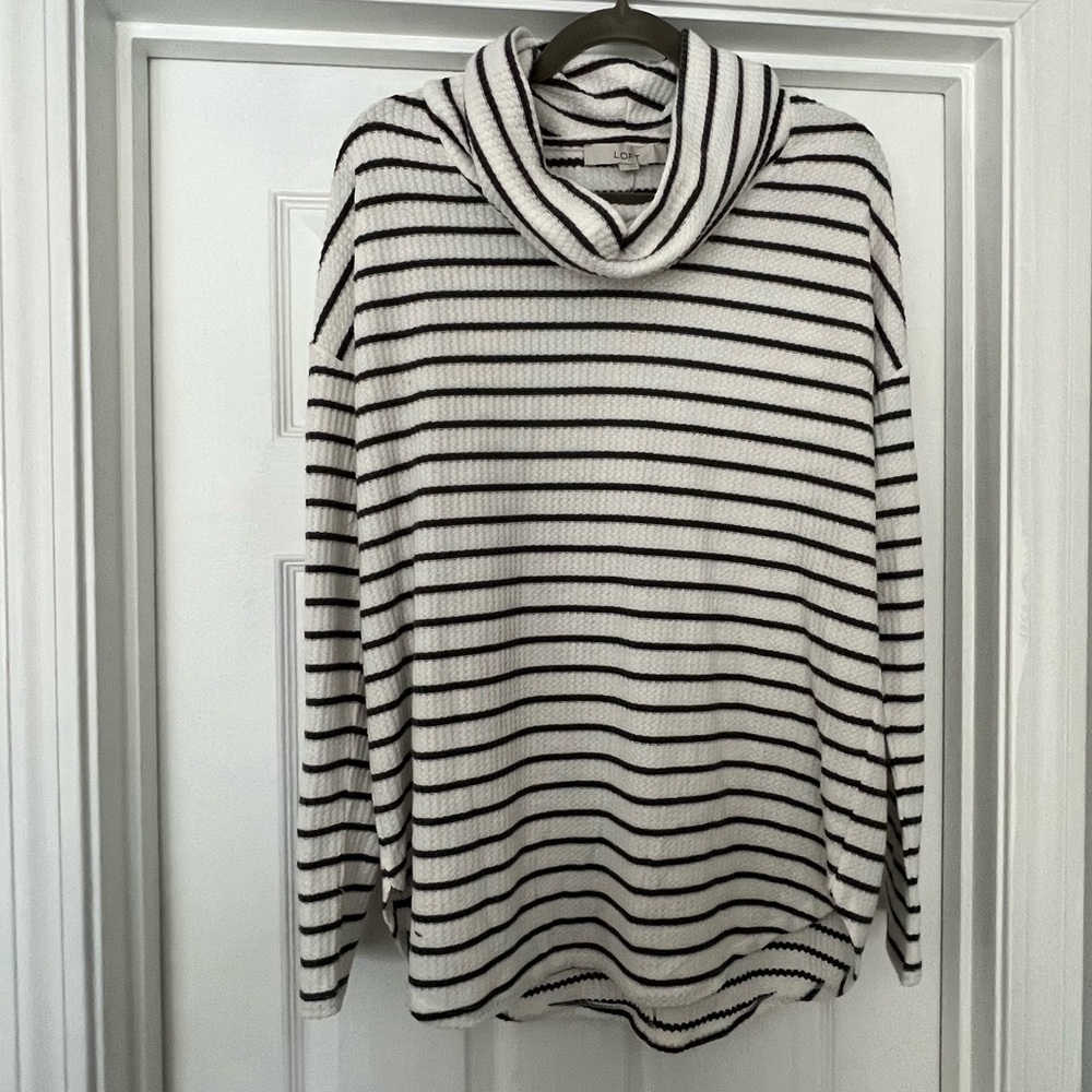 LOFT Black and White Striped Cowl Neck Sweater